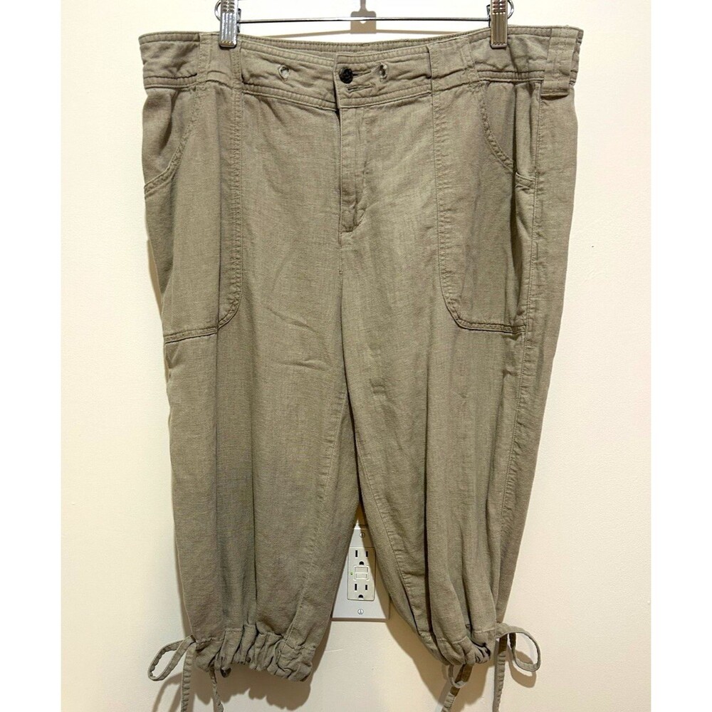 Cabela's Khaki Linen Capri Pants Relaxed Fit Pockets Drawstring Hem